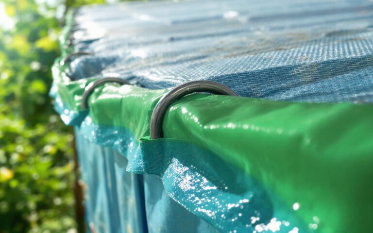 Image montrant la protection en polyéthylène pour sécuriser la cargaison, mettant en évidence les textures et les détails du matériau dans un environnement naturel.