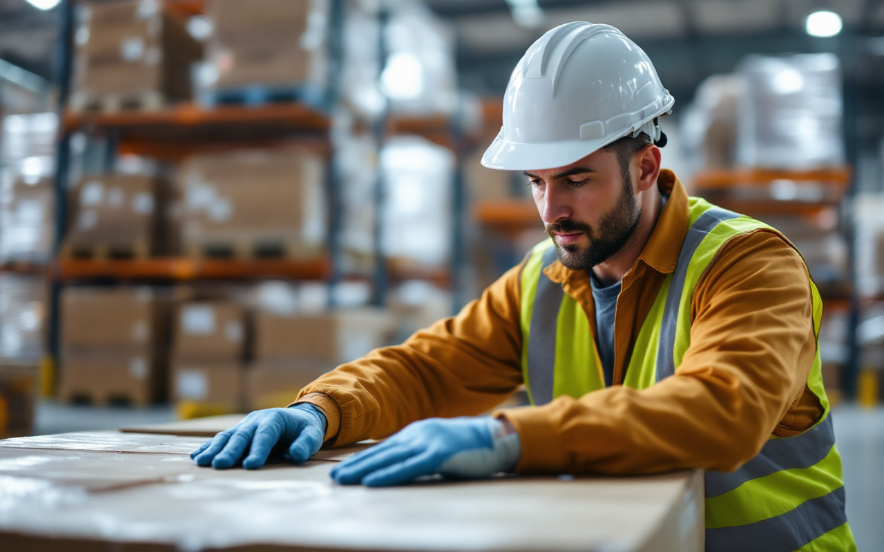 Un travailleur logistique inspecte une charge équipée de protecteurs de bord dans un entrepôt, mettant en avant son équipement de sécurité et le sérieux de sa tâche.