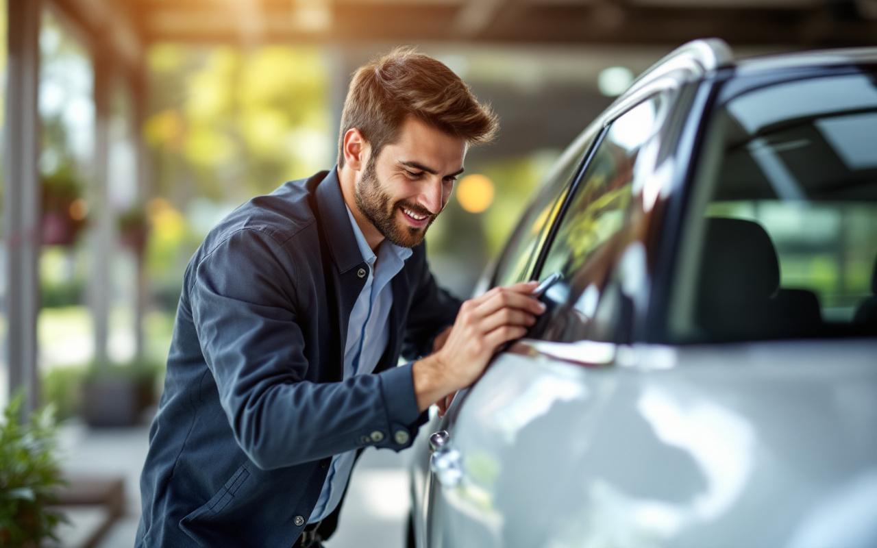 Un employé inspectant une voiture de société, dans un environnement de bureau lumineux et professionnel.