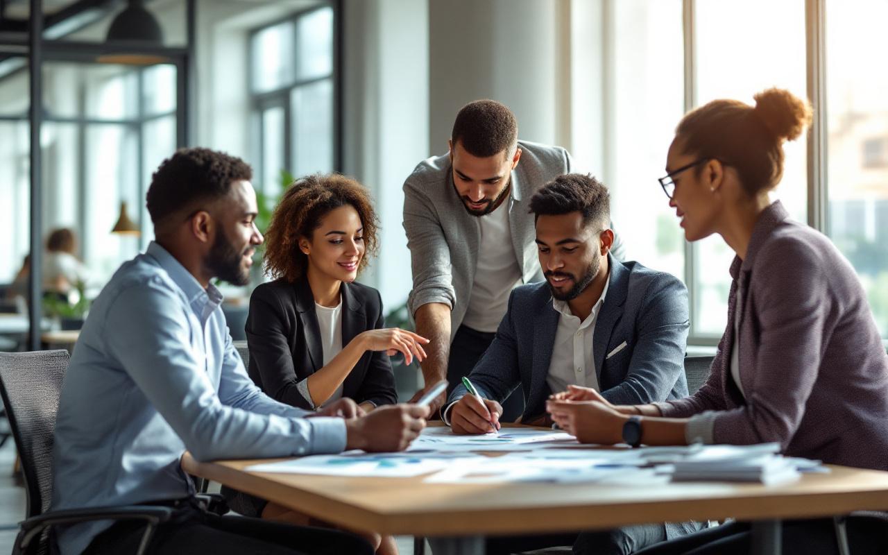 Une équipe de professionnels discutant de la politique des véhicules dans un bureau moderne, entourée de documents et de graphiques, sous une lumière naturelle.