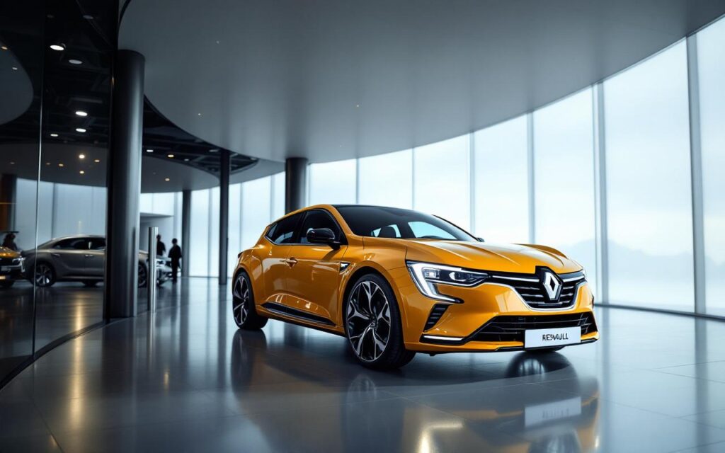Une voiture Renault moderne exposée dans un showroom lumineux, mettant en valeur son design élégant et sa couleur vive dans une atmosphère accueillante.