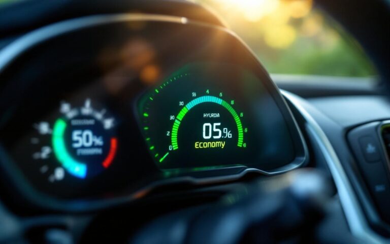 Gros plan d'un tableau de bord de voiture hybride avec un écran numérique affichant la consommation de carburant, éclairage naturel doux, finitions noires et argentées, voyants verts et bleuâtres, ambiance réaliste et nette