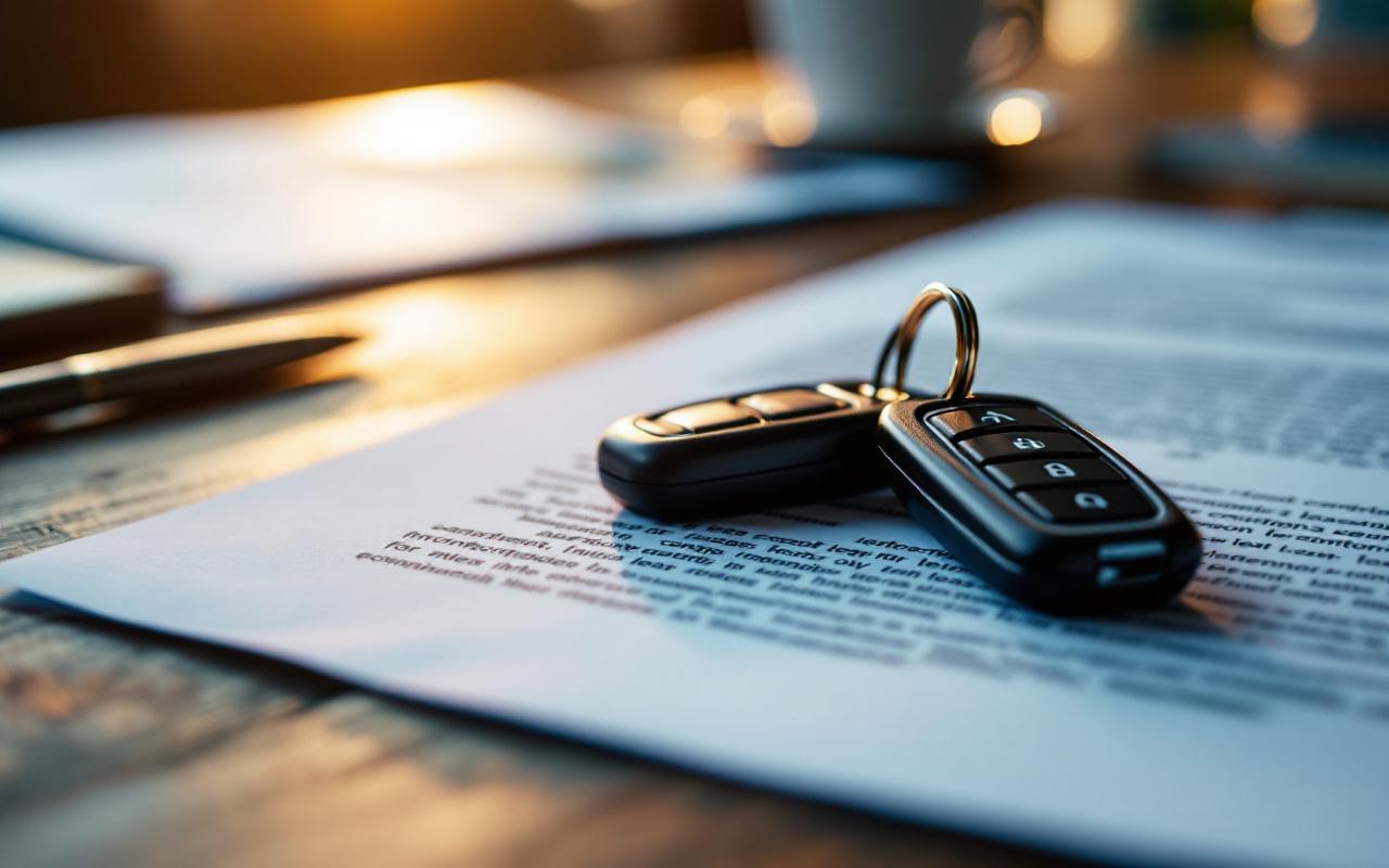 Trousseau de clés de voiture déposé sur un contrat de location sur un bureau en bois, stylo et tasse de café à proximité, éclairage doux de coucher de soleil traversant la fenêtre, ambiance de bureau chaleureuse et réaliste.