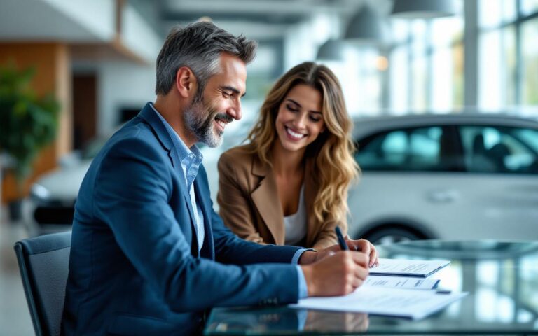 Un couple souriant signe un contrat de location de voiture à une table dans une concession moderne, le vendeur à côté et plusieurs véhicules en arrière-plan, éclairage naturel doux et atmosphère professionnelle.