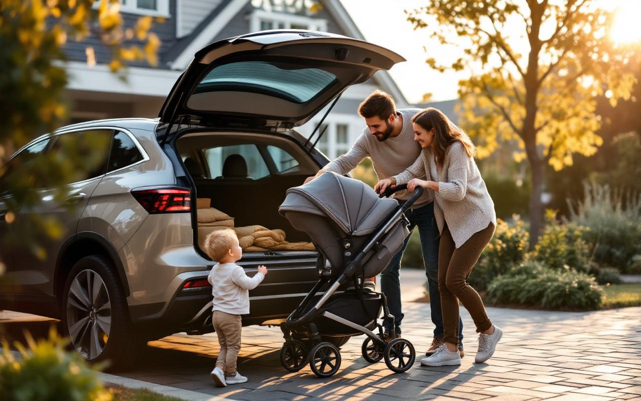 Une famille range une poussette dans le coffre d'une voiture hatchback garée dans une allée résidentielle le matin ; les parents soulèvent la poussette pendant que l'enfant est à proximité, lumière dorée naturelle, ambiance chaleureuse et réaliste.