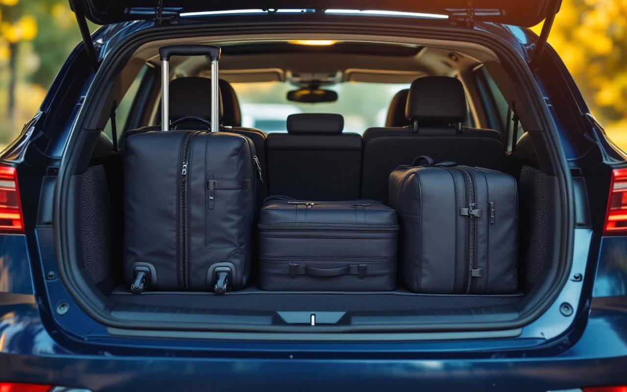 Coffre d'une berline compacte contenant plusieurs valises et sacs de sport, éclairage naturel doux venant de l'arrière, textures détaillées des tissus et matériaux, ambiance lumineuse et réaliste.