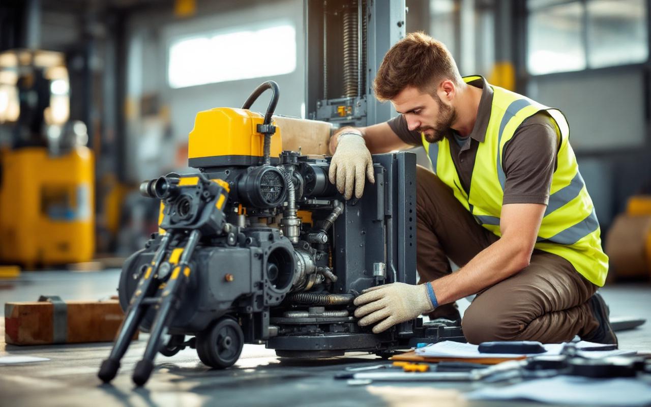 Mécanicien effectuant une maintenance préventive sur un transpalette dans un atelier, portant un gilet de sécurité et des gants, inspectant la pompe hydraulique et les roues, avec outils et liste de contrôle visibles.