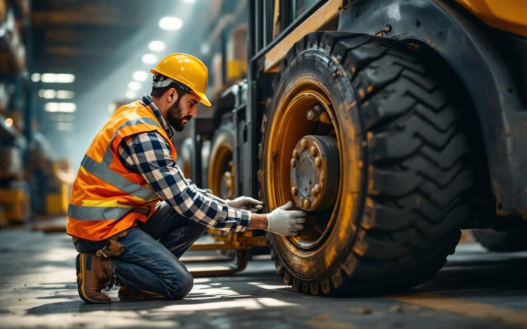 Un opérateur d'entrepôt en gilet de sécurité et casque vérifie de près les roues et les fourches d'un chariot élévateur dans un entrepôt industriel, éclairage volumétrique doux et ambiance naturelle.