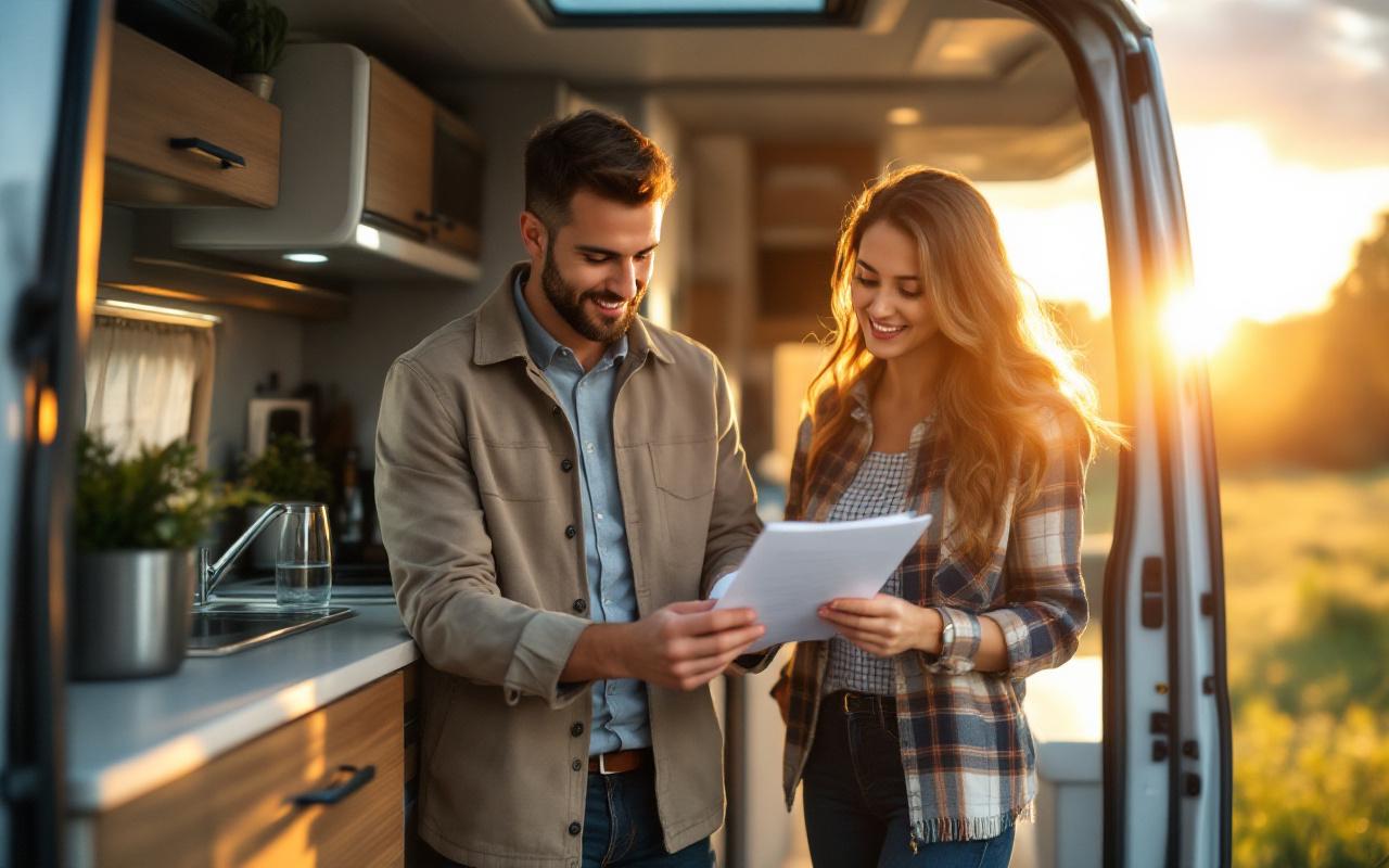 Un conseiller de vente montre une checklist de l'intérieur d'un camping-car à deux clients attentifs, à l'intérieur lumineux du véhicule avec lumière dorée, mobilier en bois et tissus bleu, scène réaliste et conviviale.