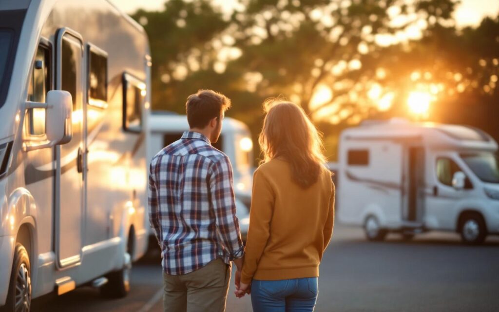 Un couple examine des camping-cars alignés sur le parc extérieur d'une concession, sous une lumière douce de coucher de soleil avec rayons volumétriques, ambiance réaliste et détendue.