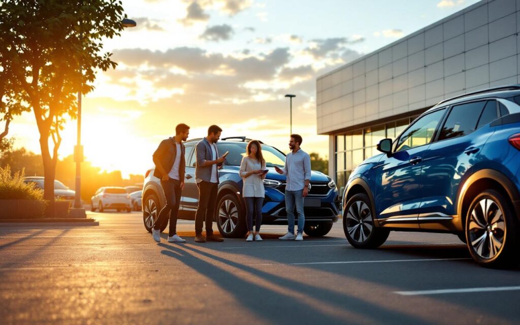 Une famille de quatre personnes compare deux SUV compacts devant un concessionnaire automobile moderne. Scène réaliste et naturelle, lumière dorée du coucher de soleil avec effets volumétriques et reflets sur la peinture métallique, voitures bleu, gris et blanc.