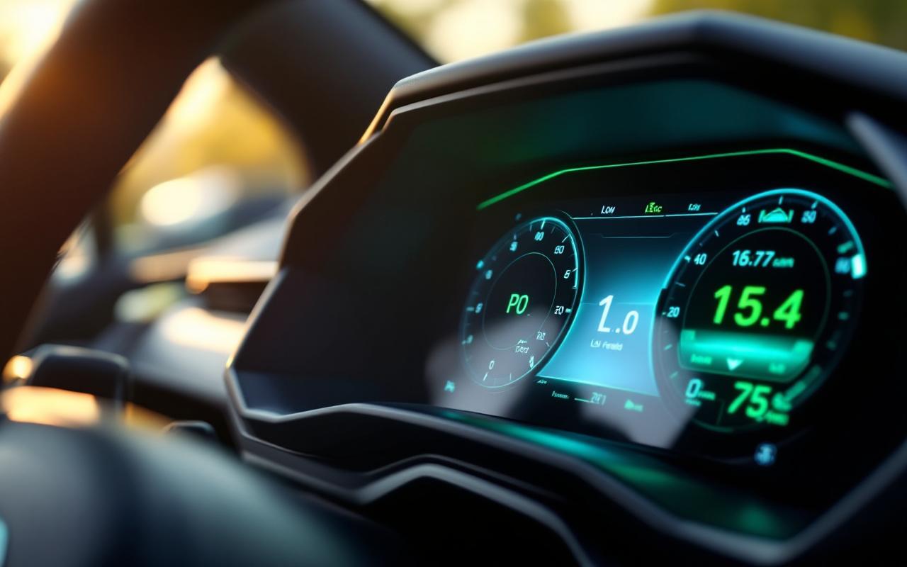 Gros plan du tableau de bord d'un SUV hybride affichant un écran numérique indiquant une faible consommation de carburant et des voyants « eco », surfaces sombres avec accents teal, éclairage solaire volumétrique doux.