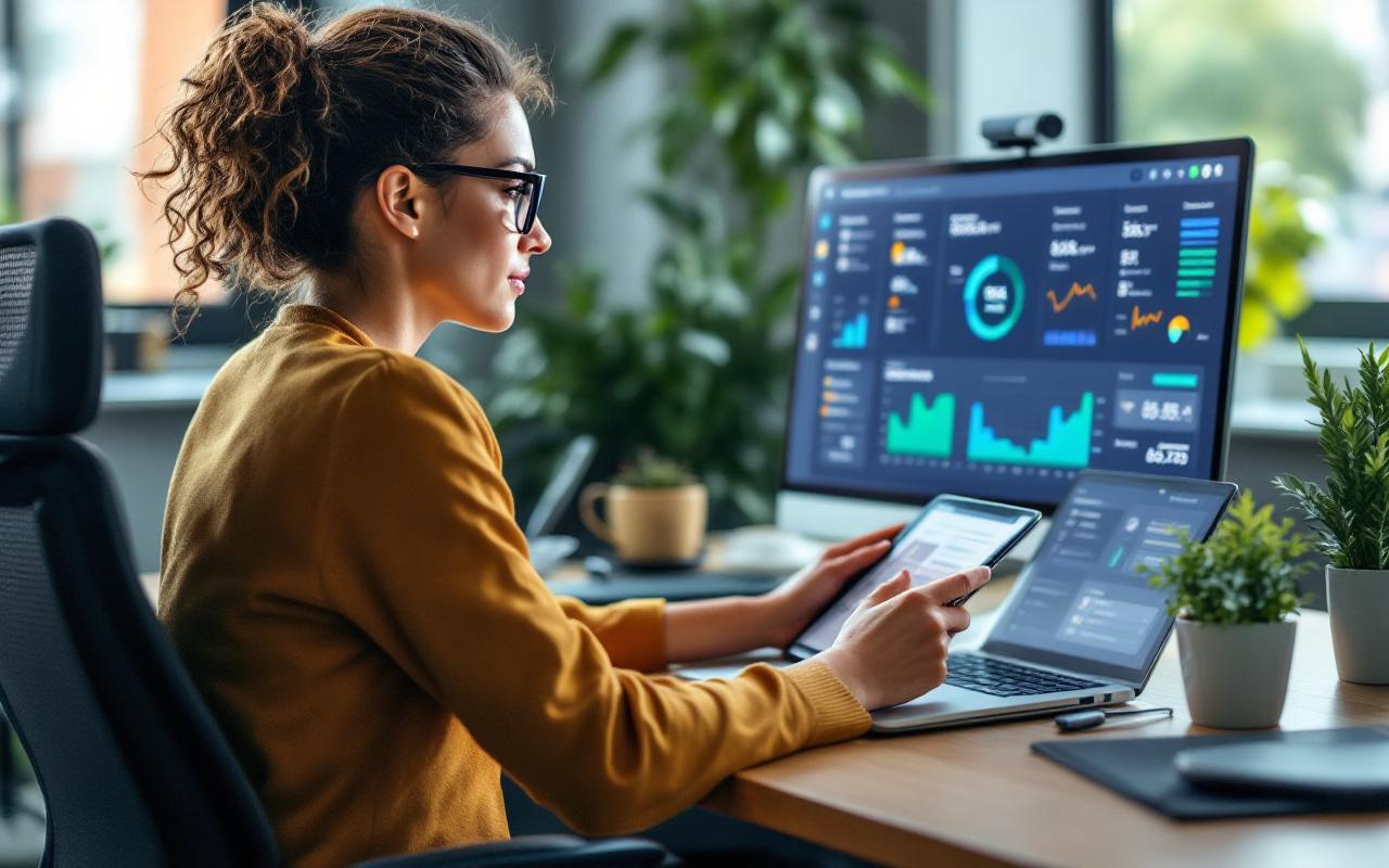 Une consultante en flotte responsable examine un tableau de bord numérique sur un ordinateur, affichant les réservations et l’usage de véhicules partagés en collectivité.