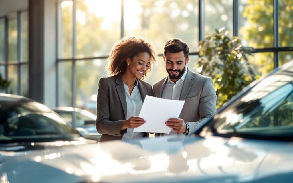 Couple examinant un contrat d'achat avec un vendeur dans une concession moderne, voiture électrique élégante en arrière-plan, vendeur montrant le document, lumière naturelle vive entrant par de grandes baies vitrées.