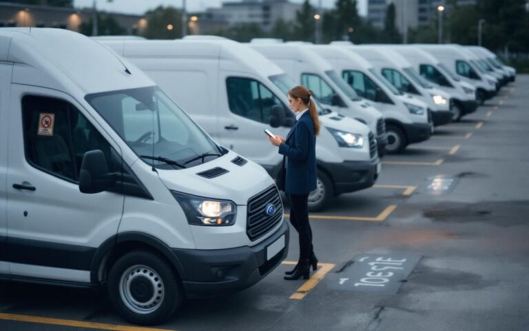 Parking d’entreprise avec un parc de véhicules de service mutualisés, une femme utilise son smartphone pour réserver un véhicule.