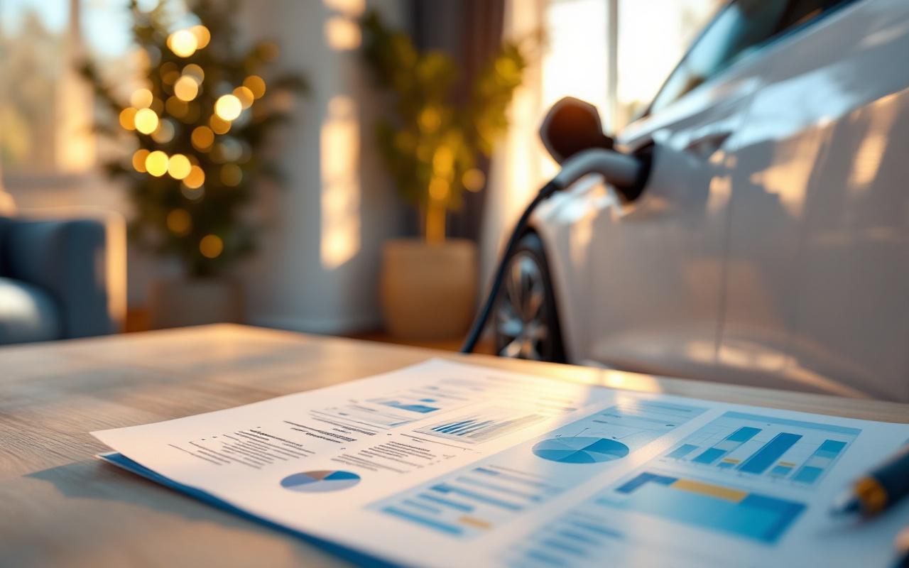 Voiture électrique en charge devant une maison, documents financiers posés sur une table au premier plan, lumière chaude de coucher de soleil, ambiance réaliste et détails nets.