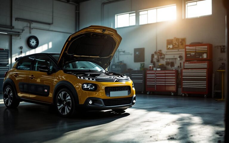 Citroën C3 essence garée en extérieur à la lumière naturelle, capot ouvert, dans une ambiance d’atelier de diagnostic automobile réaliste.