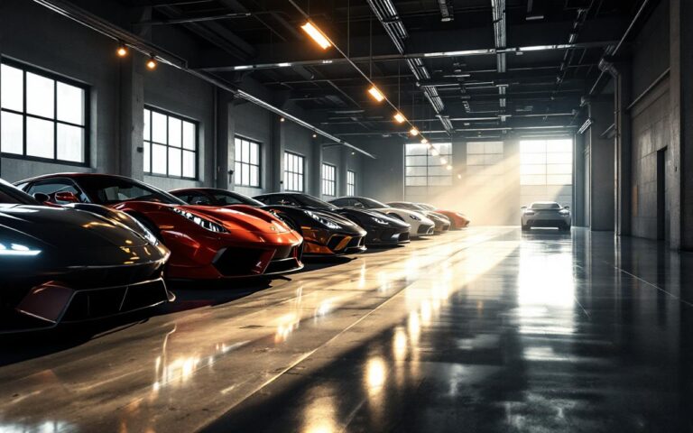 Garage moderne et lumineux de supercars, plusieurs voitures de luxe alignées, éclairage cinématographique et ambiance premium, rendu documentaire réaliste.