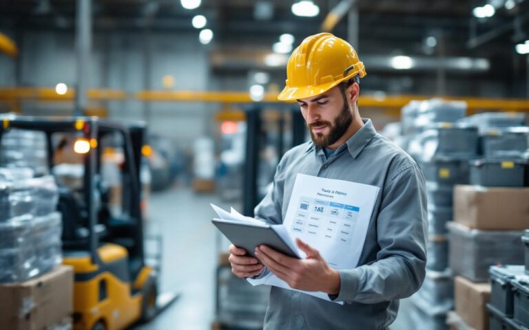 Un gestionnaire de flotte automobile compare des offres de reprise de batteries usagées à l’aide d’une tablette dans un entrepôt logistique, près d’un chariot élévateur et de batteries rangées dans des caisses.