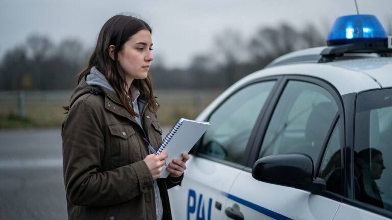 Jeune femme tenant un carnet de révision devant une voiture école, ambiance sérieuse et concentrée avant l’examen pratique.