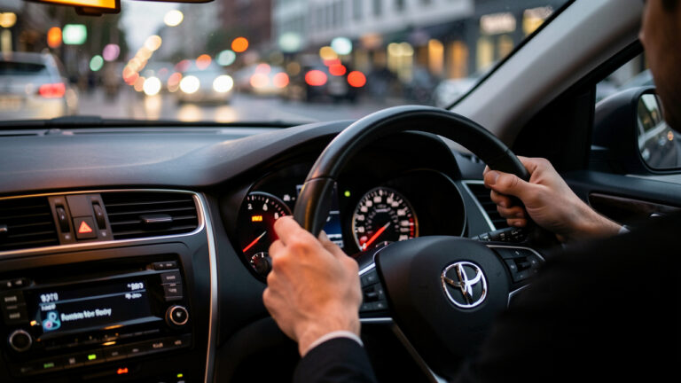 Tableau de bord d’une voiture avec voyant orange allumé, mains du conducteur sur le volant, conduite attentive sur une route urbaine au crépuscule, ambiance réaliste et photographique.