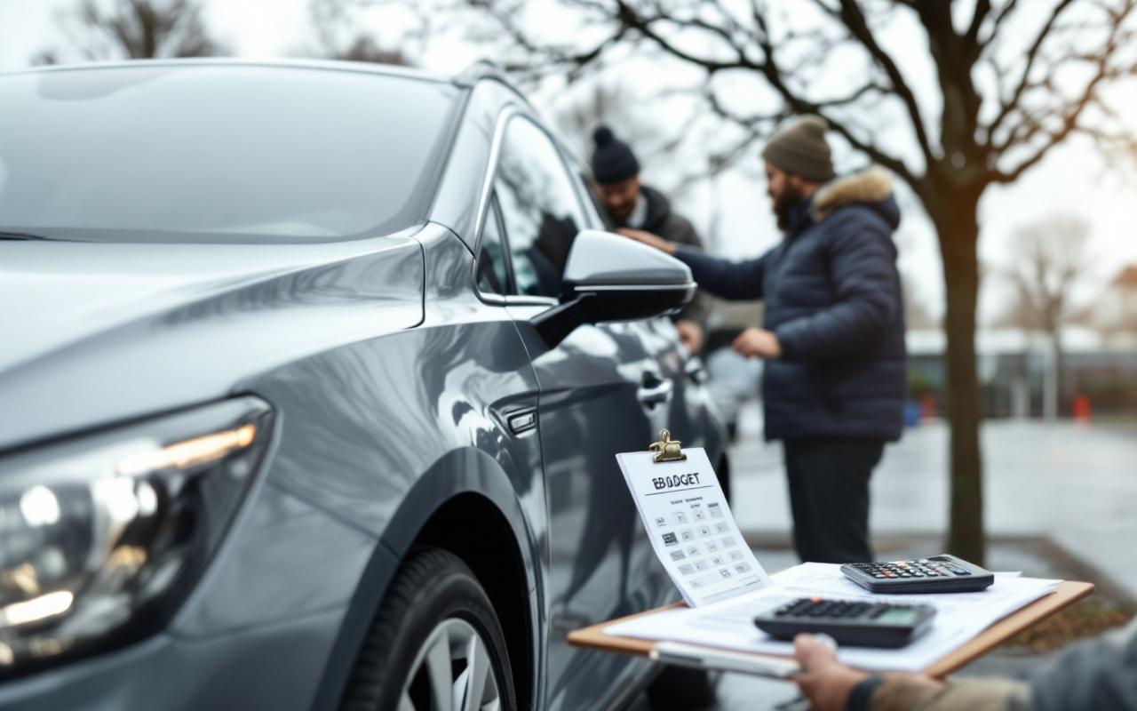 Voiture d’occasion européenne sur une plateforme automobile, ambiance budget et comparaison de coûts, lumière naturelle de matin, style photo documentaire réaliste.