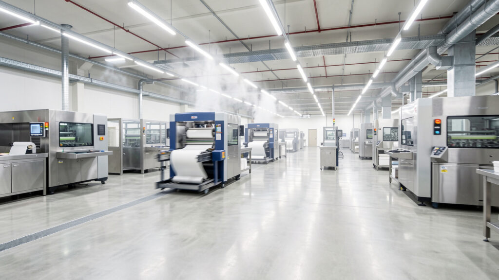 Atelier industriel moderne et lumineux avec plusieurs équipements de manutention en circulation dans des allées propres et professionnelles.