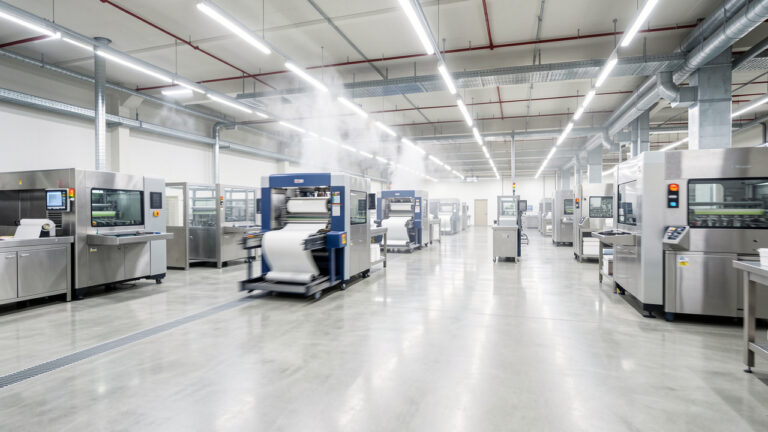 Atelier industriel moderne et lumineux avec plusieurs équipements de manutention en circulation dans des allées propres et professionnelles.