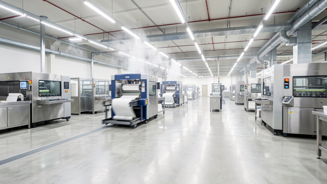 Atelier industriel moderne et lumineux avec plusieurs équipements de manutention en circulation dans des allées propres et professionnelles.
