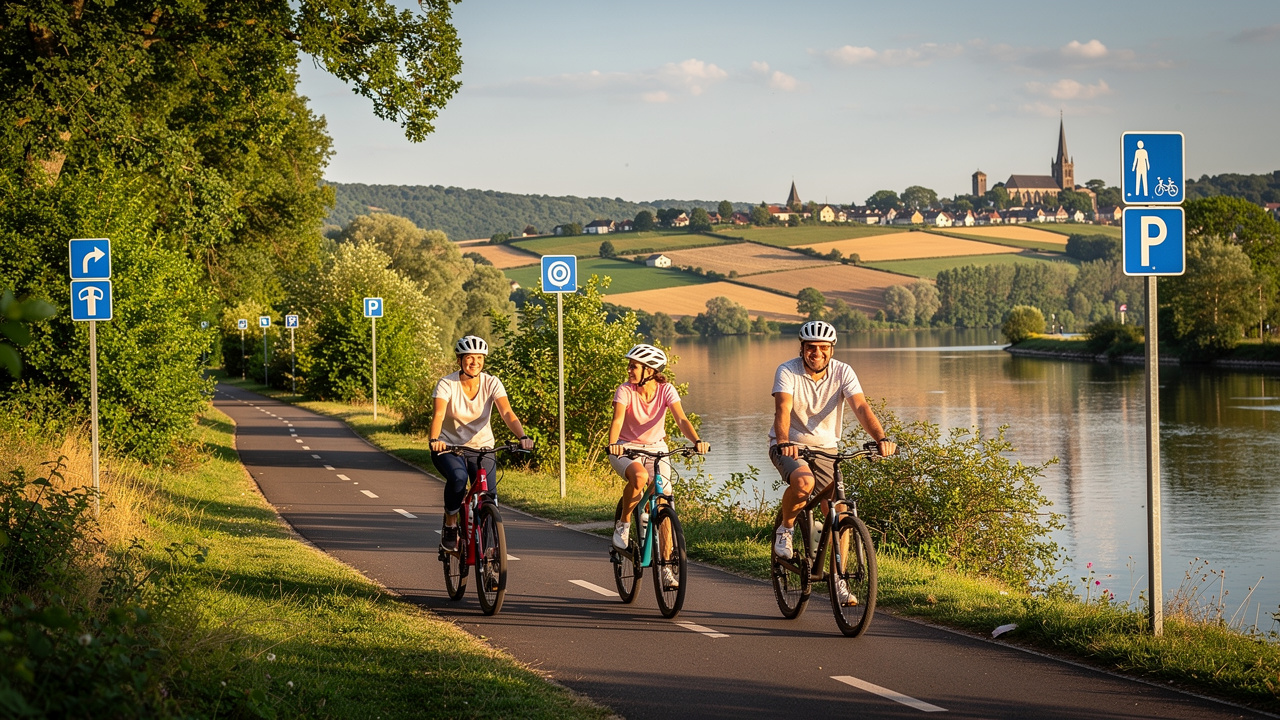 Trois cyclistes d’une même famille roulent sur une voie verte au bord de la Moselle, dans un paysage verdoyant de Lorraine près de Pont-à-Mousson.
