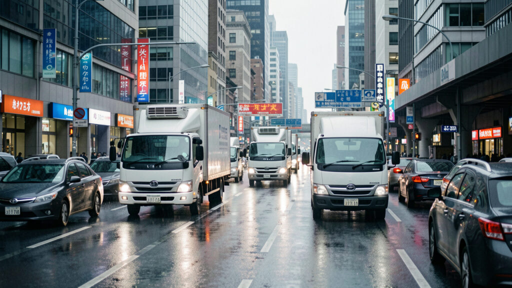 Flotte de véhicules utilitaires modernes circulant en ville, ambiance logistique urbaine professionnelle avec routes humides et éclairage diffus.