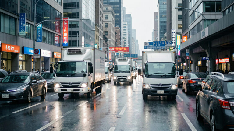Flotte de véhicules utilitaires modernes circulant en ville, ambiance logistique urbaine professionnelle avec routes humides et éclairage diffus.