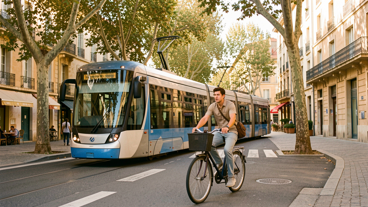 Jeune homme à vélo circulant près d’un tramway moderne dans une rue ensoleillée de Montpellier.