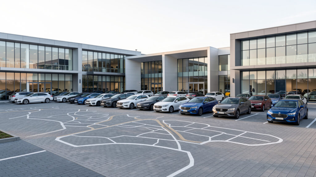 Parc automobile moderne présentant plusieurs véhicules alignés devant des concessions vitrées, avec un motif cartographique abstrait intégré au sol.