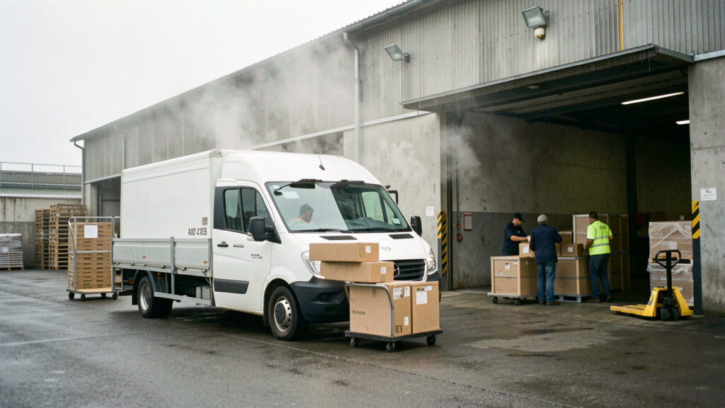 Un utilitaire de livraison garé à la gare devant un entrepôt, avec du matériel logistique et des caisses préparées pour l’expédition, ambiance professionnelle sous une lumière du matin.