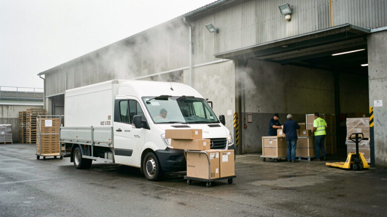 Un utilitaire de livraison garé à la gare devant un entrepôt, avec du matériel logistique et des caisses préparées pour l’expédition, ambiance professionnelle sous une lumière du matin.