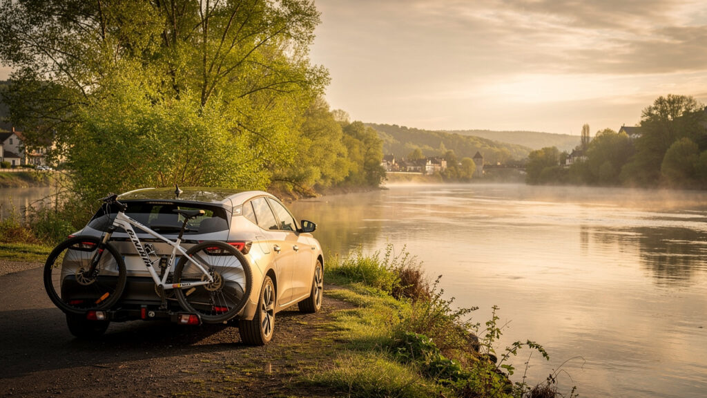 Voiture familiale stationnée près des berges de la Moselle à Pont-à-Mousson, avec deux vélos fixés sur un porte-vélos d'attelage dans la lumière douce du matin.
