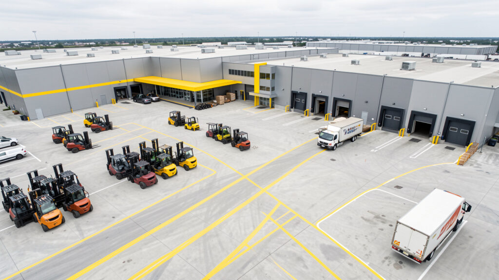 Vue aérienne réaliste d’un site industriel avec voies piétonnes séparées, engins logistiques, zones de chargement et marquages de sécurité jaunes.