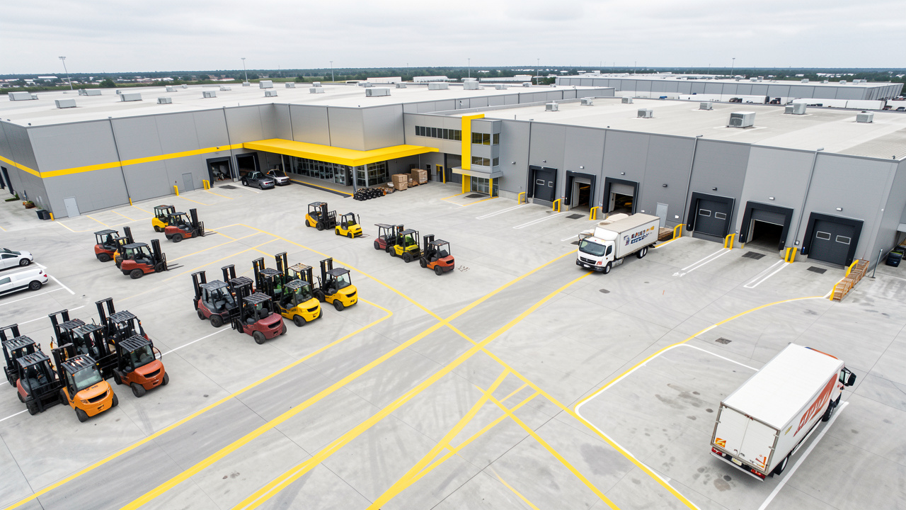 Vue aérienne réaliste d’un site industriel avec voies piétonnes séparées, engins logistiques, zones de chargement et marquages de sécurité jaunes.
