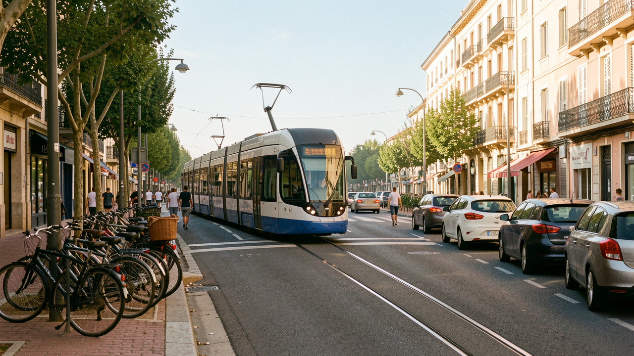 Vue estivale de Montpellier : un tram en circulation, des vélos et cyclistes, des voitures et des piétons se déplaçant dans la rue ensoleillée.