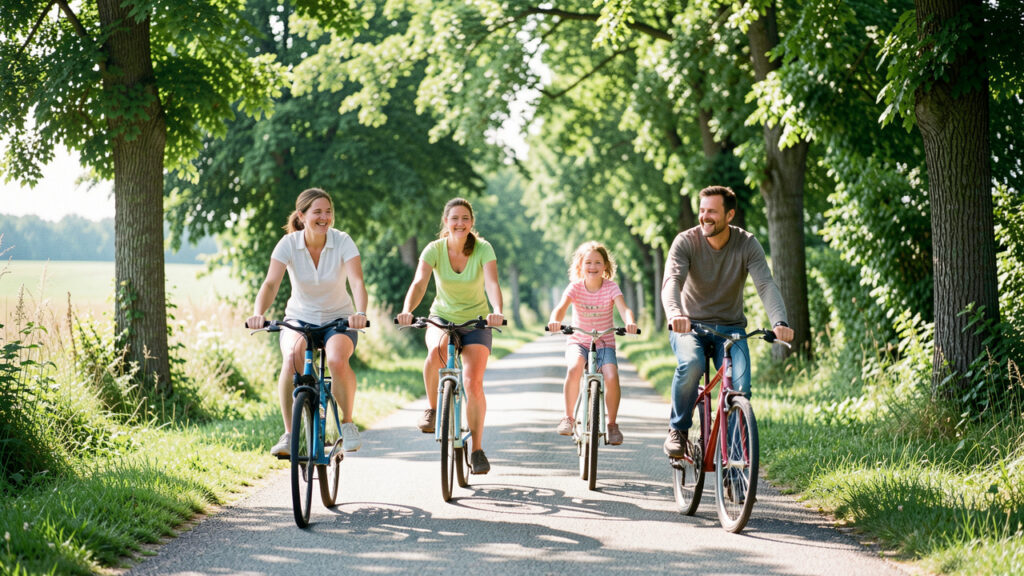 Une famille de quatre cyclistes roule sereinement sur une voie verte arborée près de Pont-à-Mousson, sous une lumière matinale claire.