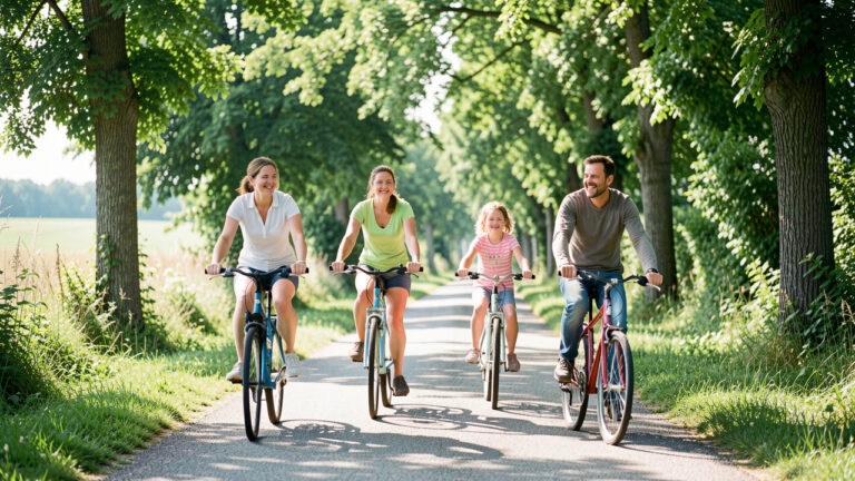 Une famille de quatre cyclistes roule sereinement sur une voie verte arborée près de Pont-à-Mousson, sous une lumière matinale claire.