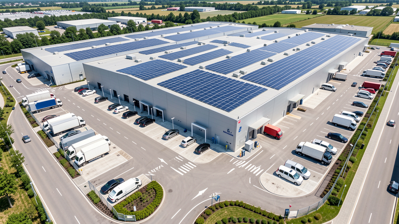 Vue aérienne réaliste d’un entrepôt logistique moderne avec bornes de recharge pour utilitaires et camions électriques, panneaux solaires sur les toits et voies de circulation séparées.
