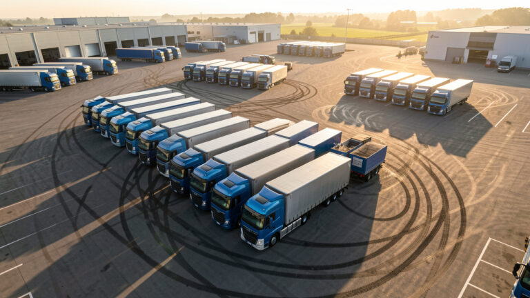 Vue aérienne réaliste d’une flotte moderne de poids lourds stationnée en rangées dans une cour logistique, éclairée par la lumière douce du matin.