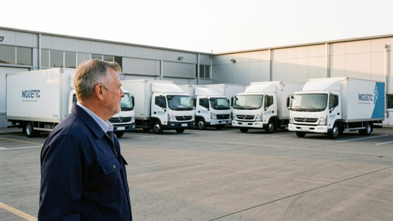 Un gestionnaire observe une flotte de camions modernes stationnés dans une cour logistique professionnelle.
