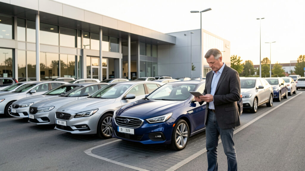Un homme en tenue professionnelle analyse une tablette devant une concession moderne, avec plusieurs véhicules alignés sur le parc automobile.