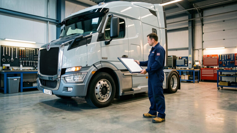 Un mécanicien en tenue de travail se tient devant un camion tracteur moderne dans un atelier de maintenance professionnel, avec un écran de planification sans contenu lisible.