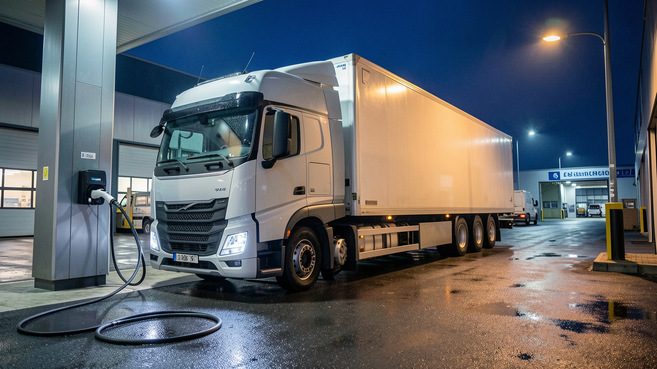 Camion électrique de transport routier en recharge pendant la nuit dans un dépôt logistique professionnel, éclairé par des bornes haute puissance et des lampes industrielles.
