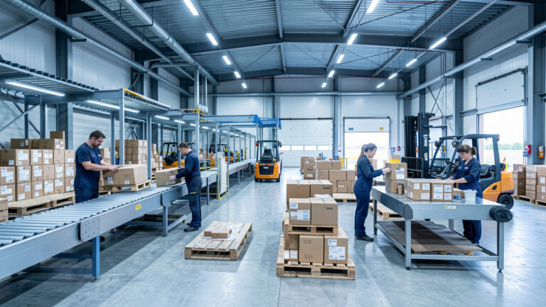 Entrepôt logistique moderne avec quatre opérateurs préparant des commandes près de palettes, de convoyeurs et de quais de chargement.