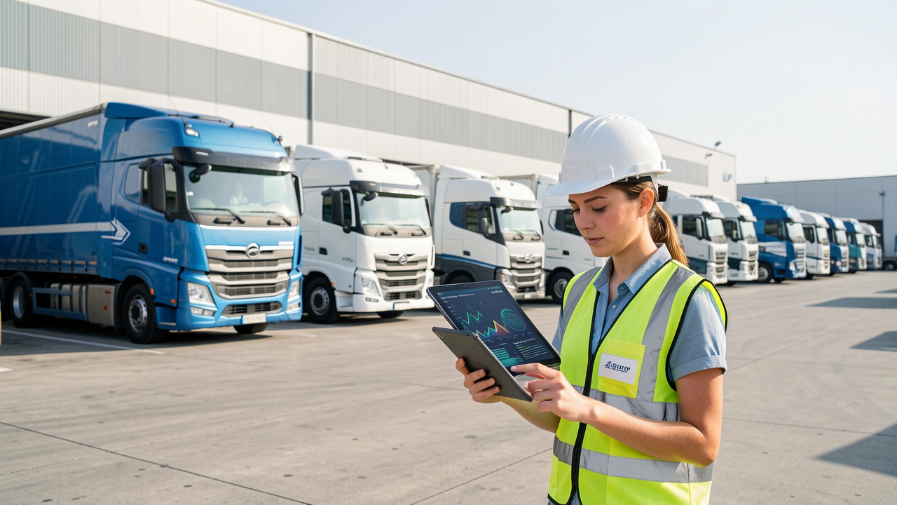 Flotte de poids lourds modernes stationnés dans un dépôt logistique, avec une gestionnaire portant un gilet de sécurité qui analyse des données sur une tablette.